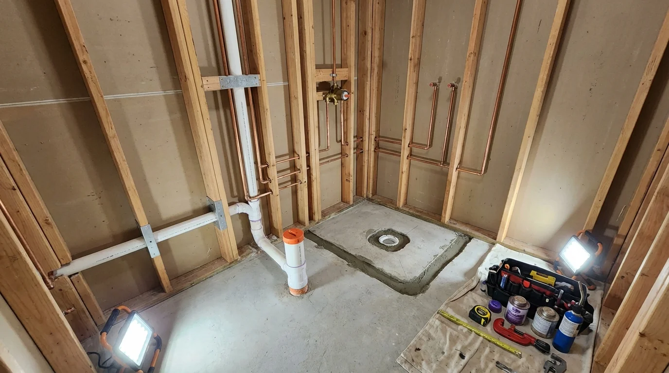 Bathroom rough-in plumbing during remodel by Johns Plumbing LLC in Colwich