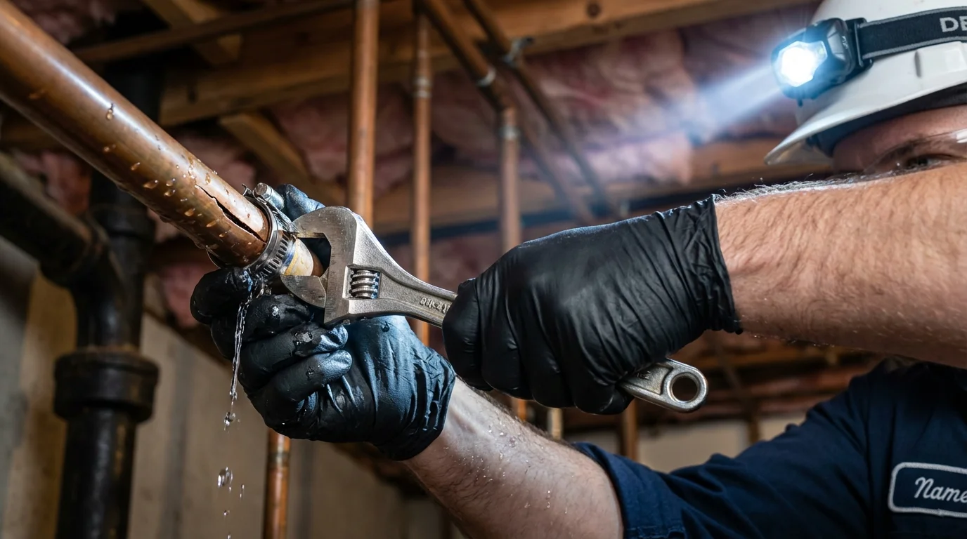 Emergency pipe clamp repair being performed by a Johns Plumbing LLC plumber in Colwich