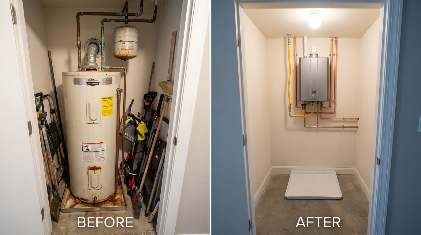 Tank water heater versus wall-mounted tankless unit comparison for Colwich, KS homeowners