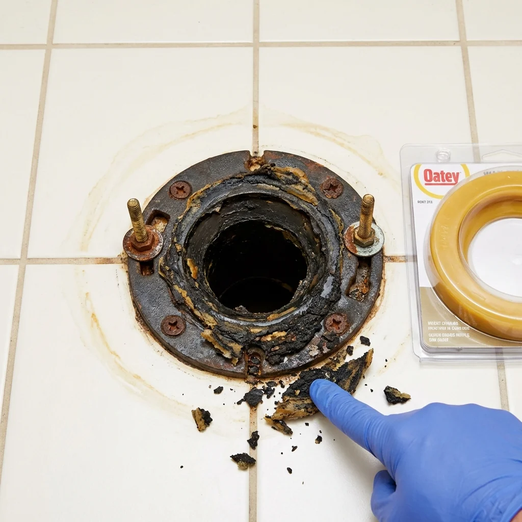 Failed wax ring showing water seepage at the base of a toilet in a Colwich, KS home