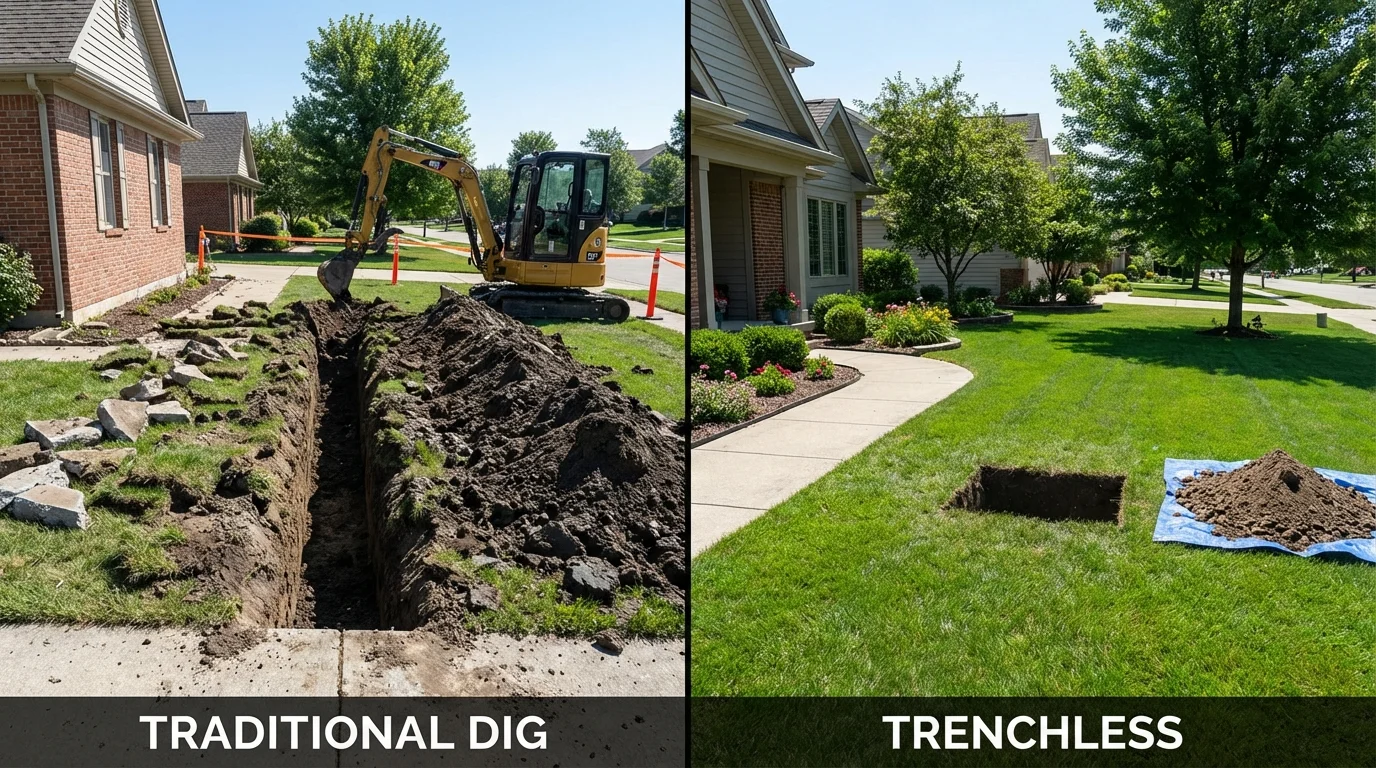 Trenchless sewer repair with minimal yard damage versus traditional excavation in Colwich, KS