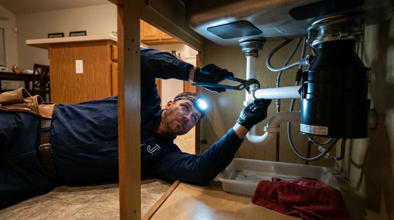 P-trap and supply line connections under a kitchen sink showing a common leak point in Colwich, KS